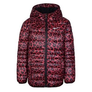Nike Leopard Puffer Jacket NWT Sz 6 Pink Red Black Kids Girls Hooded Full Zip